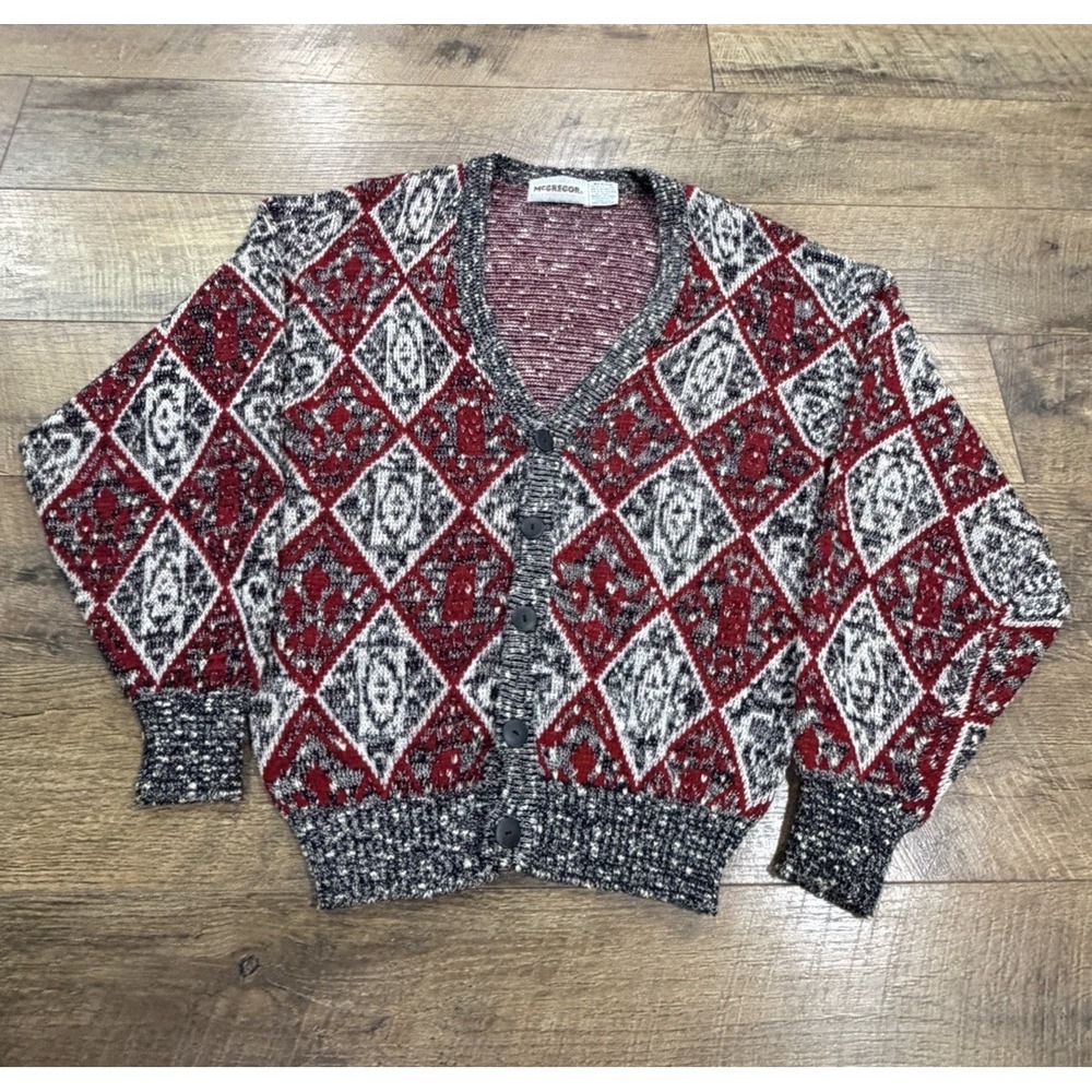 Vintage 80s McGregor Diamond Pattern Knit Cardigan Sweater Medium Red & Grey
